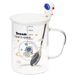 Кружка стеклянная Путешествие в космос 450мл, д8см h11см, д/основания 7,4см, тонкостенное стекло, деколь в ассортименте, фарфоровая крышка, ложка нерж. с декором 15см, с мерной шкалой, в подарочной коробке (Китай) - Домашняя мода фото 10