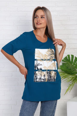 Футболка удлиненная с рисунком листья пальмы, Арт. 786