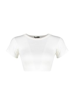 Premium Ekru-Ekru Kahverengi Cizgili 2li Paket Viskoz Crop Esnek Orme Bluz TWOSS23BZ00194