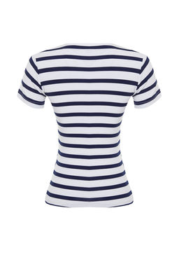 Lacivert Cizgili Viskoz/Yumusak Kumas Vucuda Oturan Esnek Orme Bluz TWOSS24BZ00296