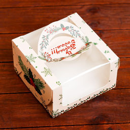 Коробка под бенто-торт с окном Новогодняя с шишками, 14 х 14 х 8 см - UPAK LAND фото 3