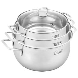 Набор кастрюль из нержавеющей стали Бригг 3 штуки: 2,2л - д18см, h9см, 3,2л - д20см, h10,5см, 5,2л - д24см, h11,5см, s0,5мм, дно s2,7мм, полировка матовая снаружи, зеркальная внутри, стеклянная жаропрочная крышка, стальной обод, пароотвод, ручки с - Домашняя мода фото 3