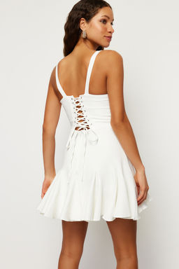 TRENDYOLMILLA Bridal Ekru A-Kesim Astarl? Korse Detayl? Biyeli Dokuma K?sa Abiye Gece Elbise TPRSS23EL00251  фото 3