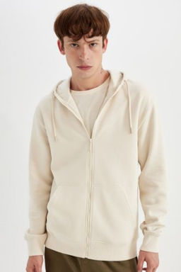 Regular Fit Kapusonlu Ici Yumusak Tuylu Cepli Basic Duz Fermuarl? Sweatshirt