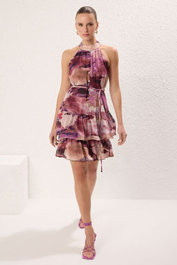 Pembe Cicekli Etegi Belden Ac?lan Kusakl? K?sa / Mini Dokuma Elbise TWOSS23EL02056