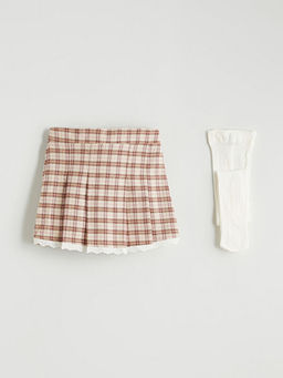 Beli Lastikli Ekose K?z ?ocuk ?ort Etek ve K?lotlu ?orap