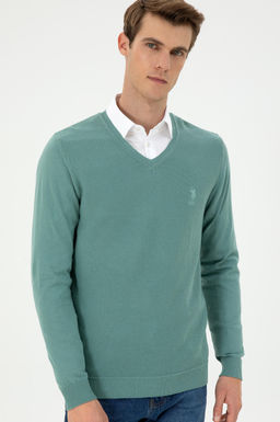 Erkek Slim Fit V Yaka Mint Basic Kazak