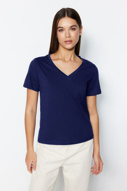 Lacivert %100 Pamuk Basic V Yaka Orme T-Shirt TWOSS23TS00001