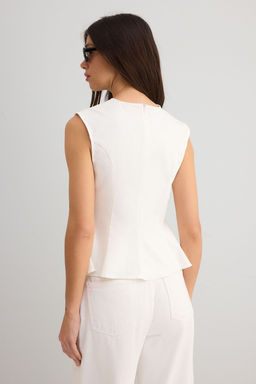 Ekru Pamuklu Gabardin Peplum Cep Detayl? Dokuma Bluz TWOSS25BZ00538