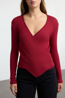 Bordo Fitted/Vucuda Oturan Kruvaze Yaka Uzun Kol Fitilli Esnek Orme Bluz TWOAW21BZ1274