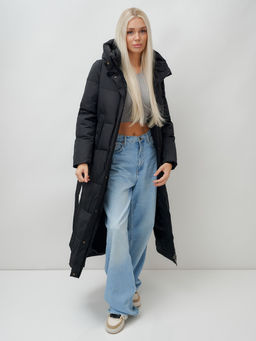 Пальто утепленное стеганное зимнее с капюшоном женское черного цвета 9605Ch - Mtforce фото 16