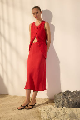 TRENDYOLMILLA Vizon %100 Keten Beli Lastikli Yuksek Bel Midi Etek TWOSS24ET00152  фото 2