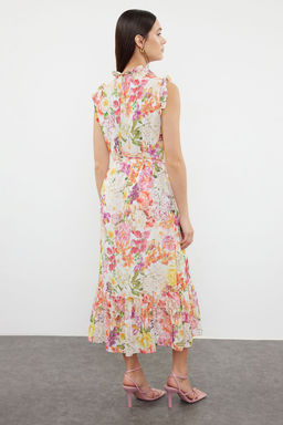 Ekru Cicek Desenli A-Kesim Midi Astarl? Sifon Dokuma Elbise TWOSS23EL01840