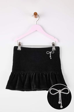 Siyah Fiyonk Detayl? Kadife K?sa / Mini Y?lbas? K?z Cocuk Dokuma Etek TKDAW26ET00005