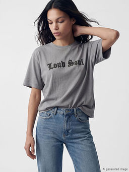 Bisiklet Yaka Bask?l? Oversize Kad?n Ti??rt