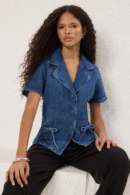 TRENDYOLMILLA Mavi Kurdele/Fiyonk Detayl? Denim Gomlek TWOSS25GO00122  фото 2