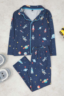 Indigo Erkek Cocuk Bask?l? Pijama Set Orme Alt-Ust Tak?m TKDAW25AU00110