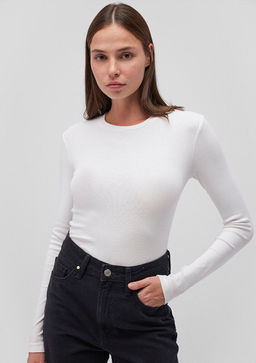 Uzun Kollu Beyaz Basic Tisort - Mavi фото 2