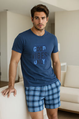 TRENDYOL MAN Mavi Regular Fit Ekose Sortlu Orme Buyuk Beden Pijama Tak?m? TMNSS25AI00002