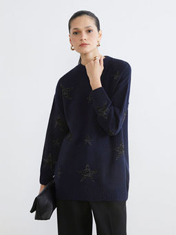 Bisiklet Yaka Y?ld?z Desenli Kad?n Triko Tunik