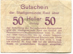 50 геллеров 1920 года Австрия Рид(нотгельд)