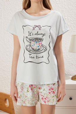 Trendyolmilla Mavi %100 Pamuklu Cicekli Sortlu Orme Pijama Tak?m? THMSS25PT00184 фото 3