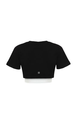 Siyah Beyaz %100 Pamuklu 2 Katmanl? Reflektor Bask?l? Crop Orme Spor T-Shirt THMSS24TS00001