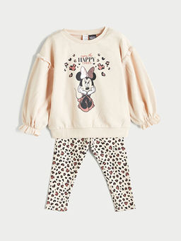 Bisiklet Yaka Minnie Mouse Bask?l? K?z ?ocuk Sweatshirt ve Tayt 2li
