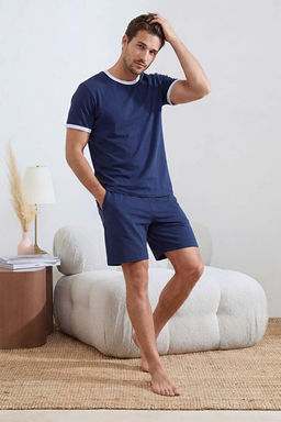 Indigo Regular Fit Yaka Ve Kol Kontrast Detayl_ Pamuklu Pijama Tak_m_ TMNSS26PT00016