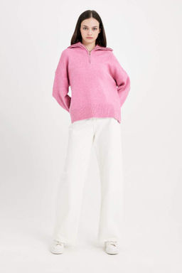 Трикотажный свитер оверсайз с широким кроем и половиной молнии с высоким воротником - Defacto фото 2