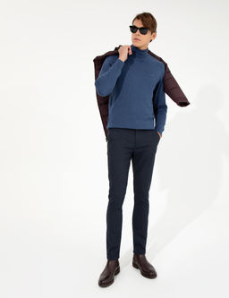 Lacivert Slim Fit Keten Kar___ml_ Chino Pantolon