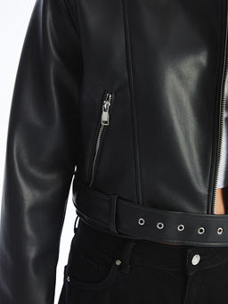 Biker Yaka Kad?n Deri G?r?n?ml? Ceket