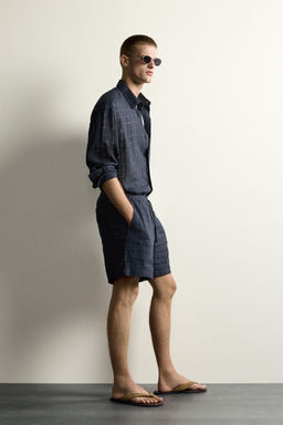 CAMISA RELAXED FIT JACQUARD CUADROS LINO - ALGOD?N / Marino - Zara фото 4