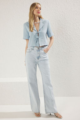 TRENDYOLMILLA Ac?k Mavi Keten K?sa Kollu Baglama Detayl? Dokuma Blazer Ceket TWOSS25BC00027  фото 6