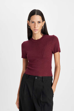 Укороченный свитер в рубчик с короткими рукавами и круглым вырезом - Defacto фото 3