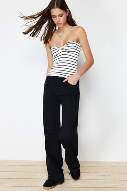 Siyah Cizgili Straplez Fitted/Vucuda Oturan Esnek Orme Bluz TWOSS24BZ00413