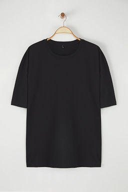 Siyah B_y_k Beden Oversize/Geni_ Kesim Geyik Bask_l_ %100 Pamuk T-Shirt TMNSS25BF00026 - Trendyolmilla фото 2