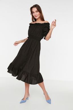 Siyah Skater/Belden Ac?lan Gipeli Midi Dokuma Keten Gorunumlu Elbise TWOSS21EL1967