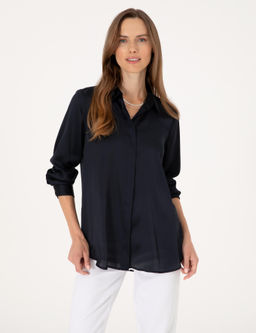Lacivert Comfort Fit Saten Uzun Kollu G_mlek