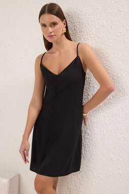 Siyah Cicekli Duz Kesim Dugmeli Mini Dokuma Elbise TWOSS25EL00292 - Trendyolmilla фото 6