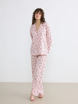 G?mlek Yaka Desenli Kad?n Pijama Tak?m