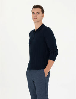 Lacivert Slim Fit Fermuarl_ Polo Yaka Triko Kazak - Pierre cardin фото 3