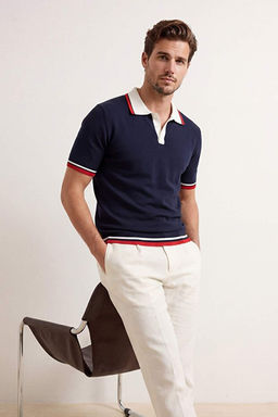 Lacivert Regular/Normal Kesim Renk Bloklu Triko Polo Yaka T-shirt TMNSS26PO00032