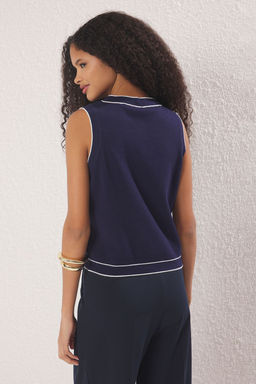 Lacivert Premium Iplik/Ozel Iplik Bisiklet Yaka Renk Bloklu Triko Ince Bluz TWOSS25YE00066