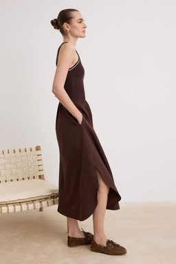 Kahverengi Poplin Etek Detayl_ A Kesim Maxi Dokuma Elbise TWOSS26EL00933 - Trendyolmilla фото 2