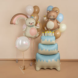 Цена за 2 шт. Воздушный шар фольгированный 39" «Мишка с тортом», матовый