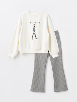 Bisiklet Yaka Bask?l? Uzun Kollu K?z ?ocuk Sweatshirt ve Tayt