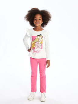 Bisiklet Yaka Barbie Bask?l? K?z ?ocuk Bluz ve Tayt 2li Tak?m