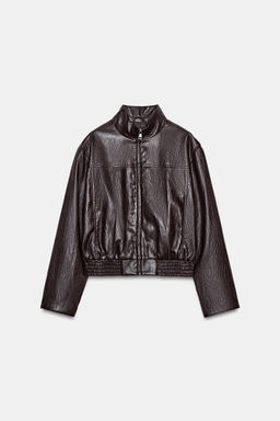 CHAQUETA BOMBER CORTA EFECTO PIEL / Marr?n oscuro