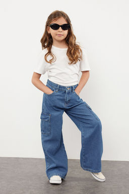 Koyu Mavi K?z Cocuk Wide Leg Kargo Cepli Pamuklu Lastikli Denim Pantolon Jean TKDSS24PL00001
